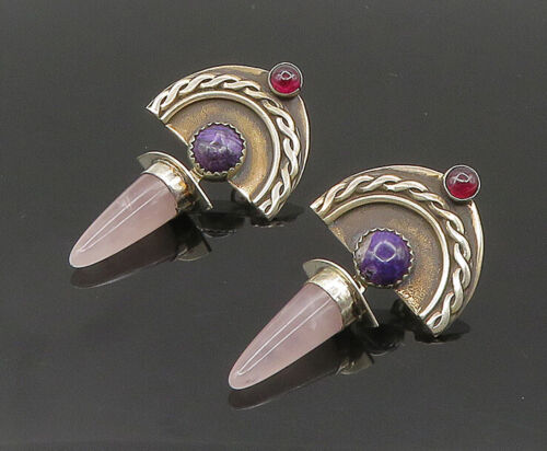 DESIGNER 925 Silver - Vintage Rose Quartz Garnet & Sugilite Earrings - EG10109