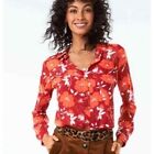 CAbi Hothouse Red Orange Coral Sheer Floral Button Up Blouse Size XS