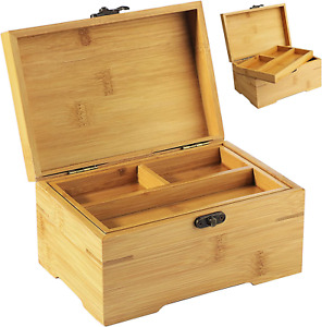 New ListingLarge Wooden Box with Hinged Lid, Bamboo Wood Multi-Purpose Storage Box with Tra