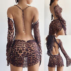 Women's Backless Long Sleeves Leopard Mesh Sheer Lady Club Party Mini Dress