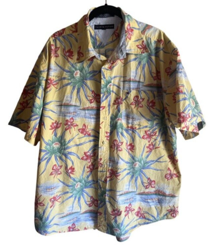 Tommy Hilfiger Hawaiian Shirt Men's X-Large Yellow Hibiscus Floral Spell Out