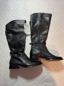 LL Bean Woman's Black Leather Boots Sz 8,5 W Zip Knee High Riding Boots