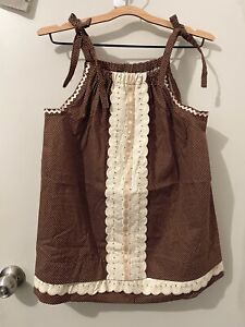 Vtg 70s brown milkmaid prairie lace cami top mini dress overalls Gunne Sax STYLE