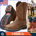 HISEA Men Cowboy Boots Square Toe Western Genuine Leather Steel Toe Safety Boots