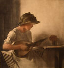 Peter Ilsted (1861-1933). Interior with mandolin playing young woman. Mezzotinte