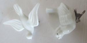 Vintage Bird Ornaments Clip On White Ceramic Beauties Two Not Matching Pair