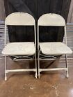 2 Vintage MCM Mid Century Retro Star Seat Pattern Folding Metal Chairs Taupe