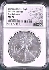 2022 w burnished silver eagle ngc ms70 first releases als label w coa