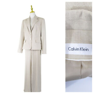 Calvin Klein Womens Solid Biege Tan Pant Suit Size 10 Formal Business Career