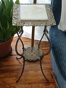 BRADLEY & HUBBARD Style Antique BRASS and MARBLE Top Insert Figural PLANT STAND