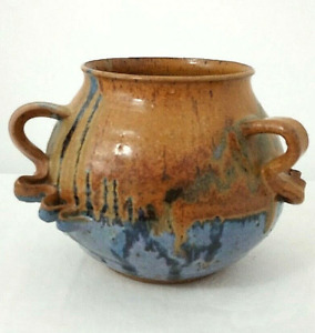 Earth & Sky Handcrafted Studio Art Pottery Vase Pot Signed Rust Blue 3 Handles