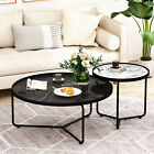 Set of 2 Nesting Coffee Table Round End Side Table for Living Room Black＆White