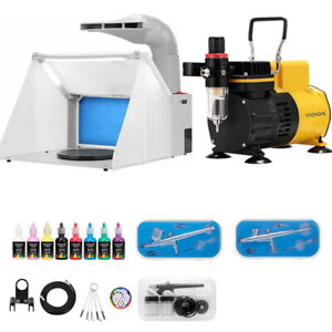 Portable Airbrush Paint Spray Booth w/ Dual Fan Air Compressor Kit 3 Gun 8 Color