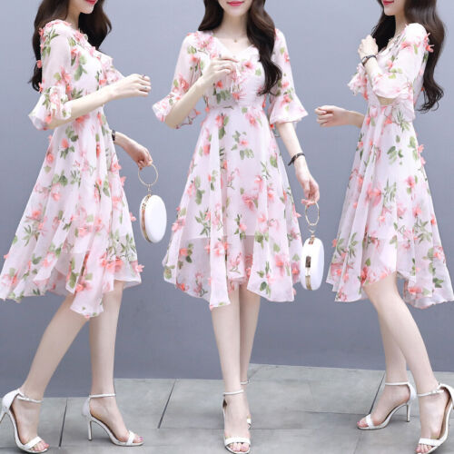 Women's Korean Fashion Printed Dress V-Neck Short Flare Sleeve Chiffon Dress