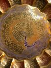 Vintage Floral Etched Painted Brass Peacock Decorative Plate Wall Hanging 13”