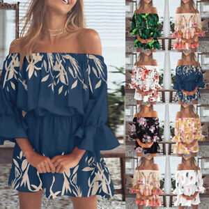 Women Floral Boho Mini Dress Ladies Summer Holiday Beach Off Shoulder Sundress‹