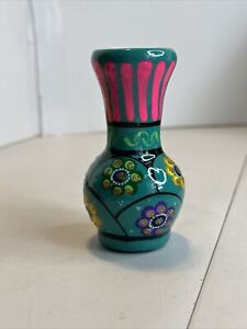 Mexican hand painted pottery vase vintage 3.5” Floral Brightly Colored