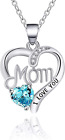UEUC I LOVE YOU Mom Birth Stones Necklace, Silver Love Heart Pendant Necklace fo