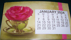 2024 Large Print magnet calendar Green & Gold delicate teacup Pink rose Monthly