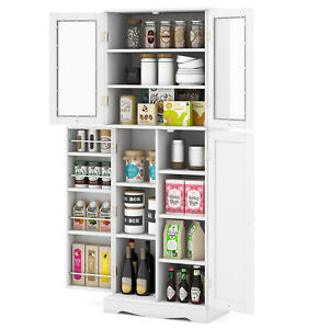 Tall Storage Cabinet Kitchen Pantry Cupboard w/ Tempered Glass Doors & Shelves