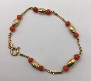 Vintage Tibetan 18K  750 Solid Yellow Gold 6” Coral Bead Chain Link  Bracelet