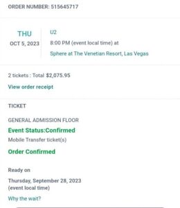 Listing Is For 2 Tickets!!!   u2 tickets las vegas Sphere.  Thursday OCT 5
