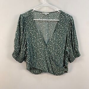 American Eagle Womens Large Tunic Shirt Top Green Floral Short Sleeve Crop Wrap