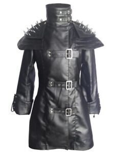 Womens Steampunk Style Goth Coat Black Cow Leather Gothic Trench Coat Jacket