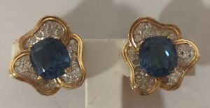 Signed JOSEPH MAZER Jomaz Blue Glass Clear Rhinestone Gold Tone Clip Earrings