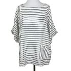 Fenini Top Womens Large Blue White Stripe Linen Cotton Pocket Relaxed Fit Casual