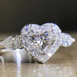 Heart Cubic Zircon Wedding Jewelry 925 Silver Filled Ring Women Sz 6-10