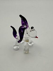 Vintage Miniature Hand Blown Glass Dog Animal Figurine Clear & Purple 1970s