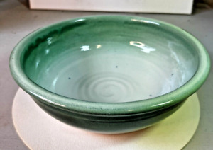 Hand-Thrown Pottery Bowl Green Rustic Signed Gloss Glaze 10-in Heavy
