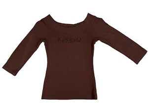 Bebe Shirt Womens Sz M Brown Rhinestones Logo 3/4 Sleeve Blouse Top VTG USA Made