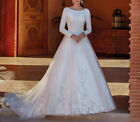 Satin Wedding Dresses Scoop Neck Long Sleeves A Line Tulle Applique Bridal Gowns