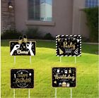 Happy Birthday Yard Signs, Garden Signs, Party, Black & Gold, 4 pack 