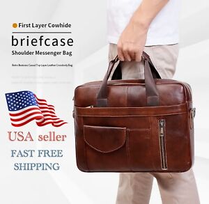 Genuine First Cowhide Leather Men's Briefcase, Shoulder Messenger, Laptop Bag