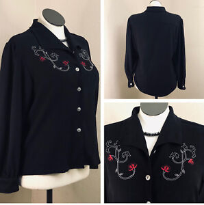 Scully Western Shirt Large Black Red Floral Scroll Embroidered Long Puff Sleeve