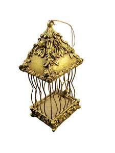 Vintage Bird in Gold Gilded Cage Christmas Ornament Ornate Resin