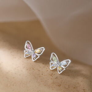 925 Silver Crystal Butterfly Zircon Earrings Ear Stud Elegant Women Jewelry Gift