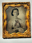 Tintype Woman Holding Up Photos to Camera 1/9th Size tinted  in brass mat/frame