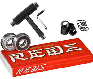 Bones Skateboard Bearings SUPER REDS with Spacers/Washers and T-Tool