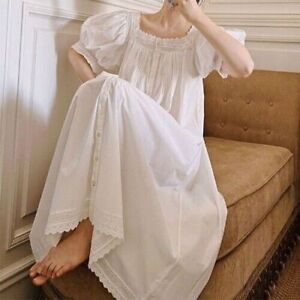 Victorian White Night Dress Women Summer Pure Short Sleeve Long Peignoir Vintage