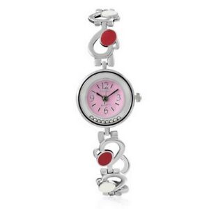 Fashion Silver-Tone Pink Love Heart Round Dial Womens Bracelet Watch