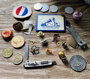 New ListingVintage JUNK DRAWER Metal LOT Knife Military Tokens Victor Talking Girl Scouts