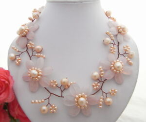 Pink Pearl Rose Quartz Flower Necklace 20