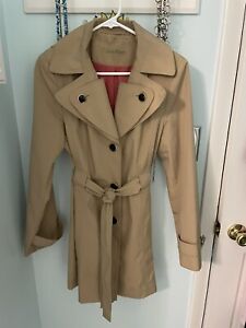 CALVIN KLEIN LADIES BEIGE REMOVABLE HOODED TRENCH COAT W/BELT SMALL EX COND