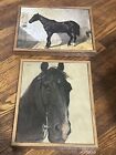 Set 2 Canvas Box Framed Horse Pictures Dark Black Moody Scene Pair Of Equines