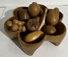 Vintage Wooden Fruit Bowl With 11 Pieces Of Wooden Fruit. Mid century Modern