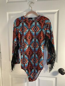 Women’s Small Shirt L/S Body Suit GG  Western Fringe Rodeo Sexy Aztec Turquoise